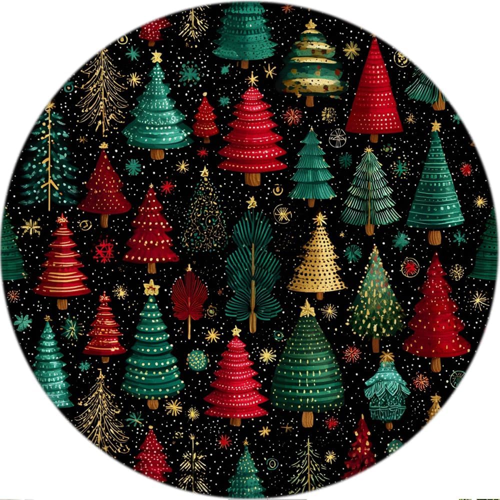 Christmas Tree Round Rug 2ft-Abstract Vintage Xmas Pine Tree Forest Green Red Yellow Plant Snowflake Watercolor Winter Holiday Microfiber Memory Foam Area Rugs for Living Room Bath Floor Rugs