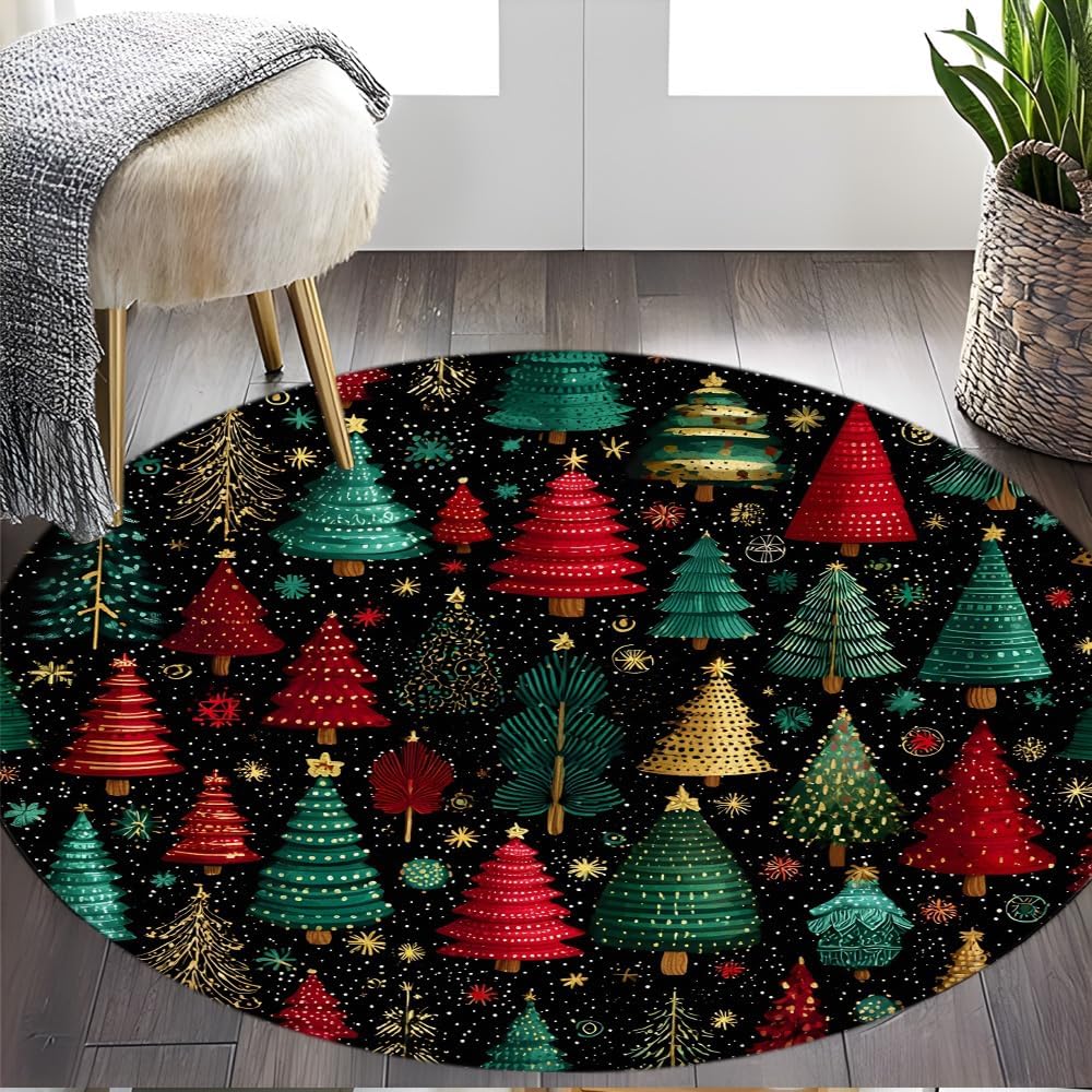 Christmas Tree Round Rug 2ft-Abstract Vintage Xmas Pine Tree Forest Green Red Yellow Plant Snowflake Watercolor Winter Holiday Microfiber Memory Foam Area Rugs for Living Room Bath Floor Rugs