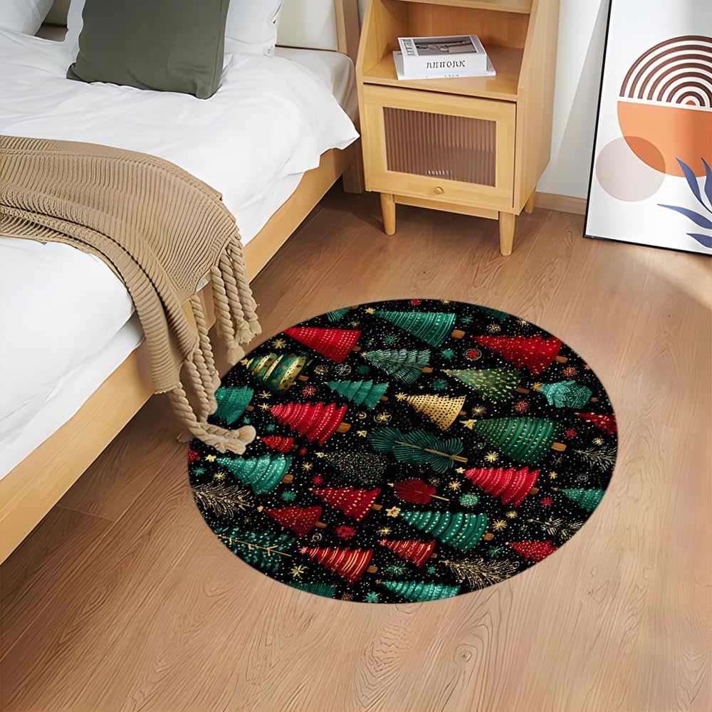 Christmas Tree Round Rug 2ft-Abstract Vintage Xmas Pine Tree Forest Green Red Yellow Plant Snowflake Watercolor Winter Holiday Microfiber Memory Foam Area Rugs for Living Room Bath Floor Rugs
