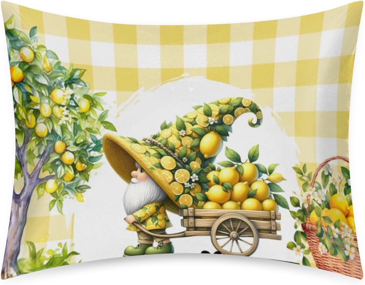 Satin Pillowcase for Hair and Skin Yellow Lemon Tree Gnome Soft Silk Pillow Case with Envelope Closure Cooling Pillow Cases Slip Standard Size Pillow Cover for Kids Boys Girls 20x26