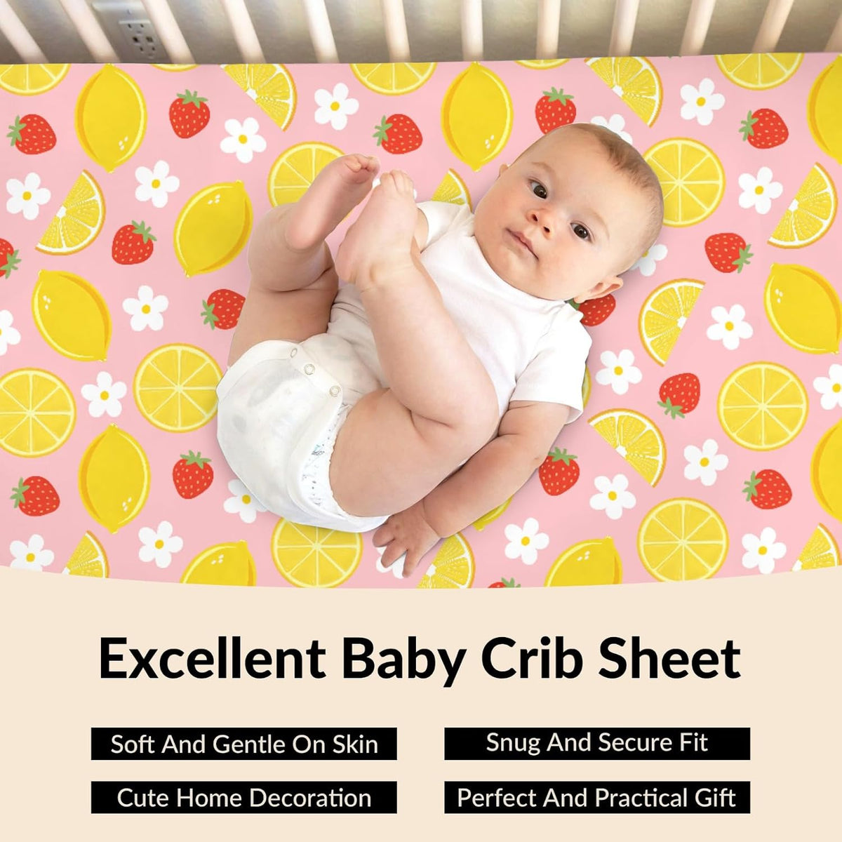 Vintage Lemon Boho Floral Baby Boys Girls Crib Sheets Pink Strawberry Daisy Flower Toddler Bed Sheets Summer Fruit Fitted Crib Mattress Cover for Standard Crib Mattresses 52''x28''