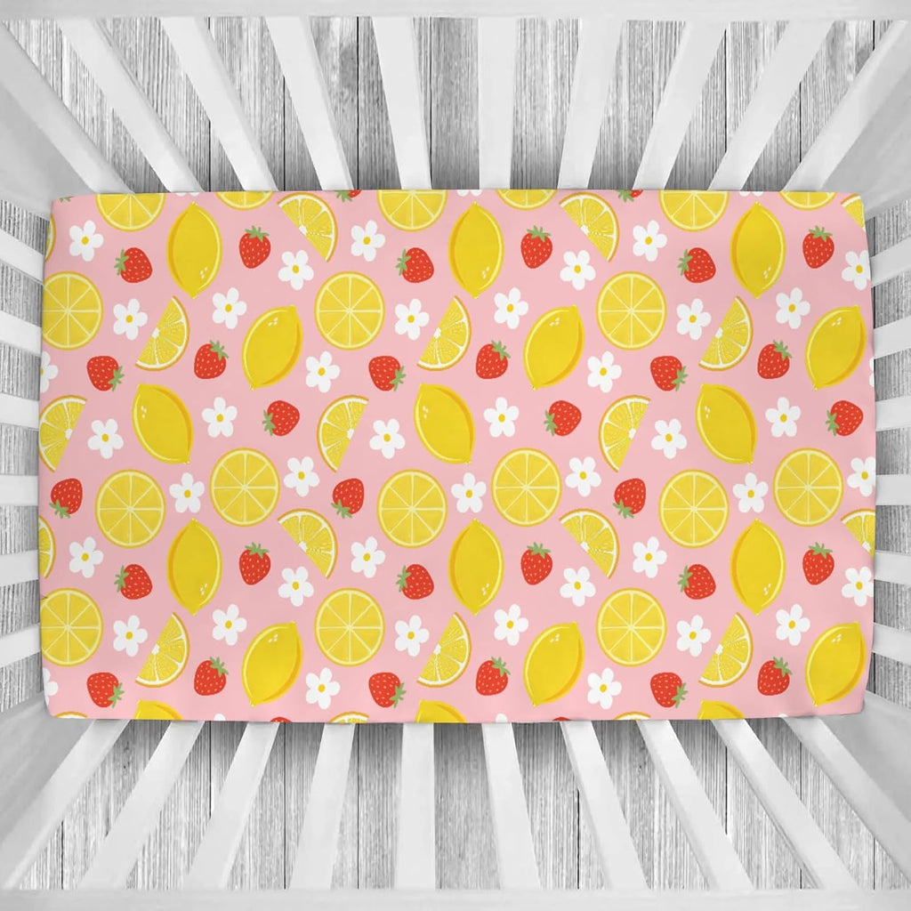 Vintage Lemon Boho Floral Baby Boys Girls Crib Sheets Pink Strawberry Daisy Flower Toddler Bed Sheets Summer Fruit Fitted Crib Mattress Cover for Standard Crib Mattresses 52''x28''