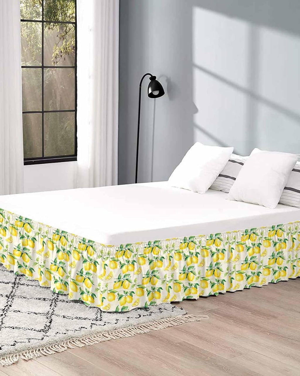 Yellow Lemon Bed Skirt Queen Size 16 Inch Drop, Adjustable Elastic Wrap Around Bed Skirts Easy Fitting Dust Ruffle Bedskirt Bed Frame Cover Summer Fruit Green Retro Farmhouse Leaf
