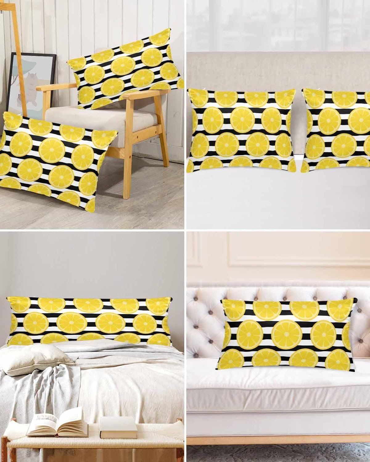 Yellow Lemon Pillow Cases Standard Size Set of 2, Summer Botanical Fruits Black White Stripes Satin Pillowcase with Zipper for Hair/Skin, Decorative Pillow Covers for Bed/Couch/Sofa, 20x26 Inches