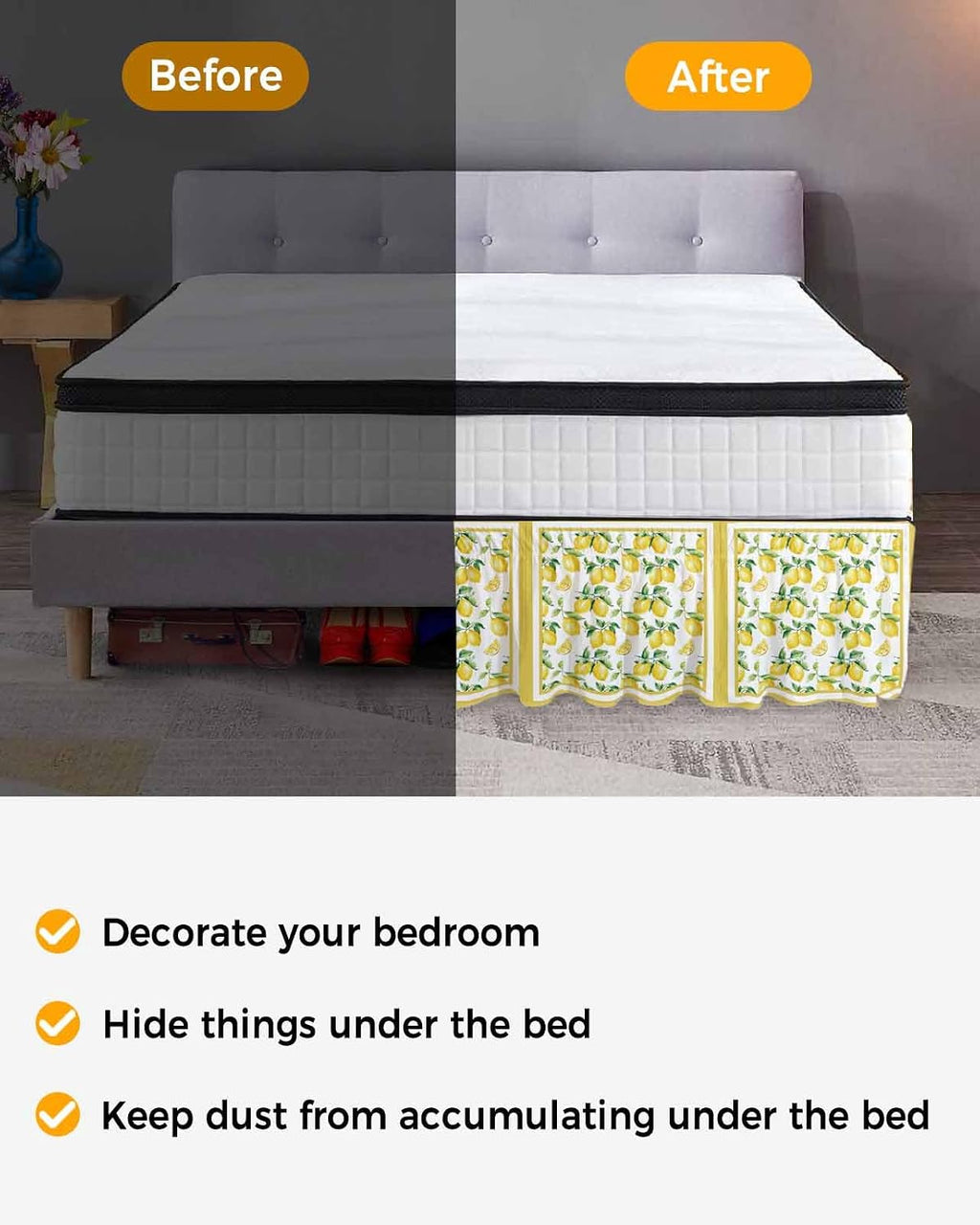 Yellow Lemon Bed Skirt Queen Size 16 Inch Drop, Adjustable Elastic Wrap Around Bed Skirts Easy Fitting Dust Ruffle Bedskirt Bed Frame Cover Summer Watercolor Oil Painting Fruits
