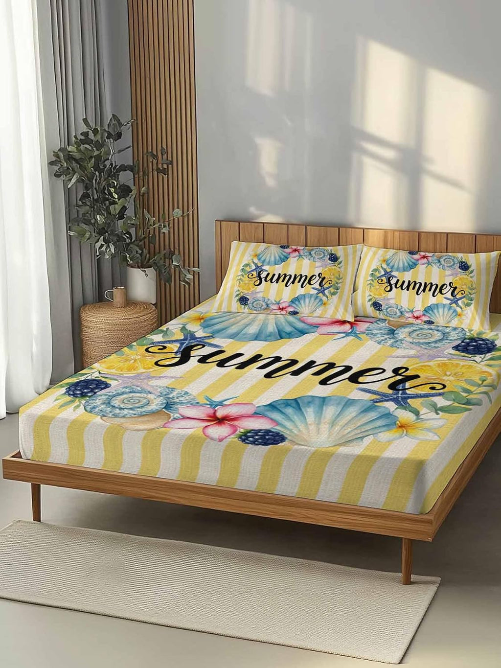 3 Pieces Twin XL Fitted Sheet Set, Summer Sea Stars Shells Lemon Deep Pocket Up to 16", Vintage Yellow Striped Soft Elastic Bed Sheets and Pillow Cases Secure Fit