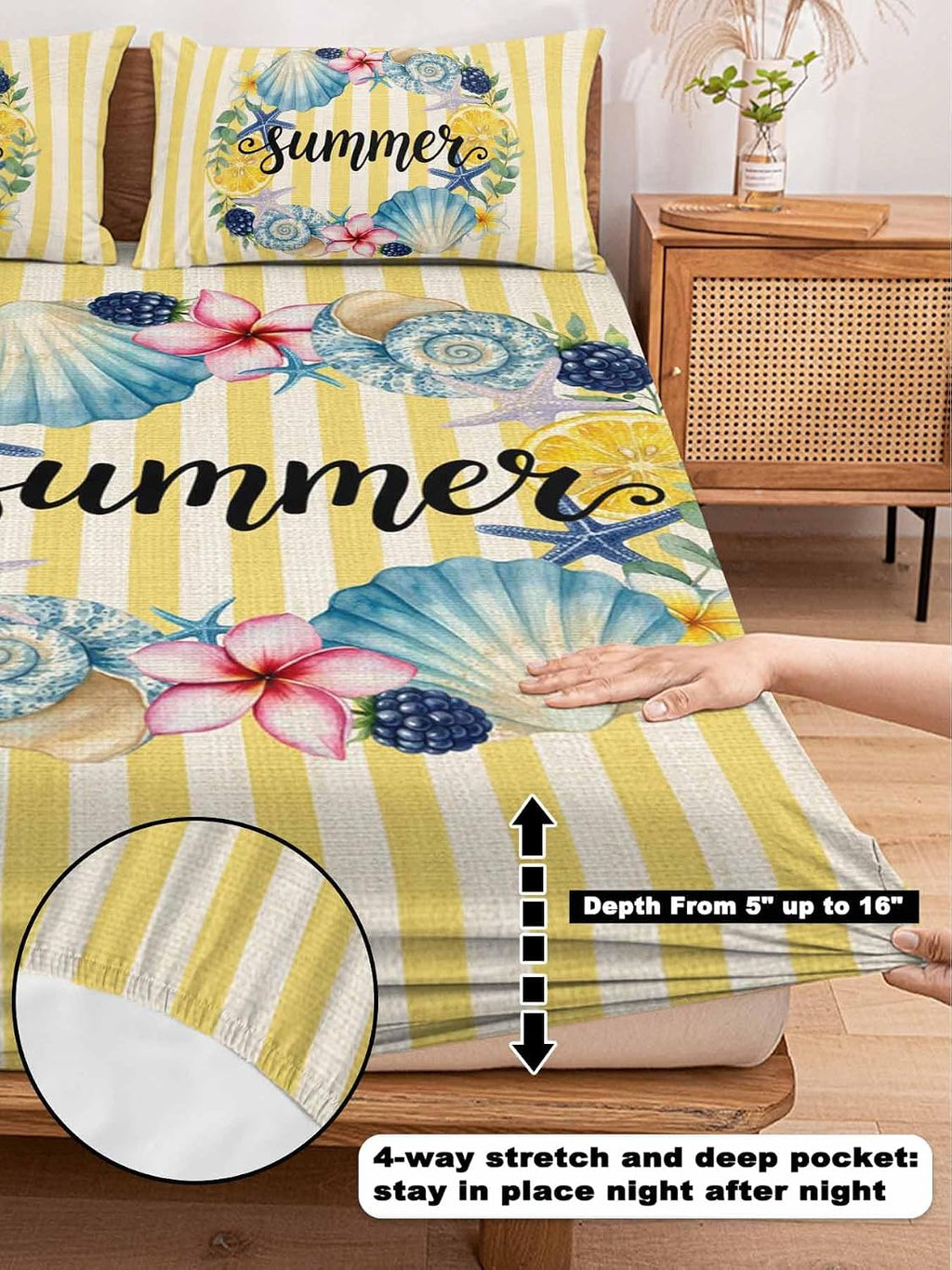 3 Pieces Twin XL Fitted Sheet Set, Summer Sea Stars Shells Lemon Deep Pocket Up to 16", Vintage Yellow Striped Soft Elastic Bed Sheets and Pillow Cases Secure Fit