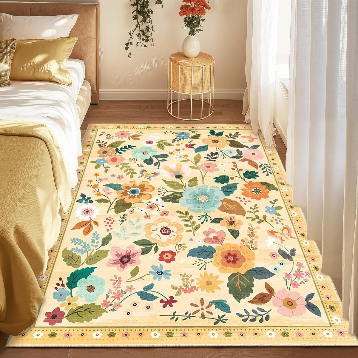 Floral 5x7 Area Rugs Washable Print Boho Cute Carpet Non Slip Flower Low Pile for Living Room Bedroom Kitchen Office Farmhouse-Ivory/Yellow