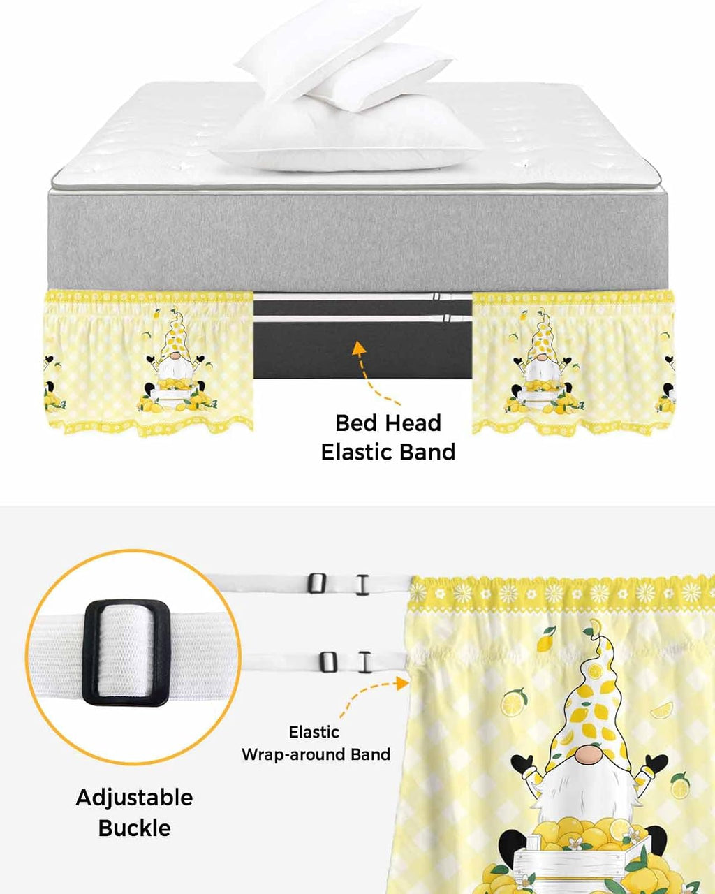 Lemon Gnomes Bed Skirt Queen Size 16 Inch Drop, Adjustable Elastic Wrap Around Bed Skirts Easy Fitting Dust Ruffle Bedskirt Bed Frame Cover Summer Botanical Fruit Leaf Yellow Lattices