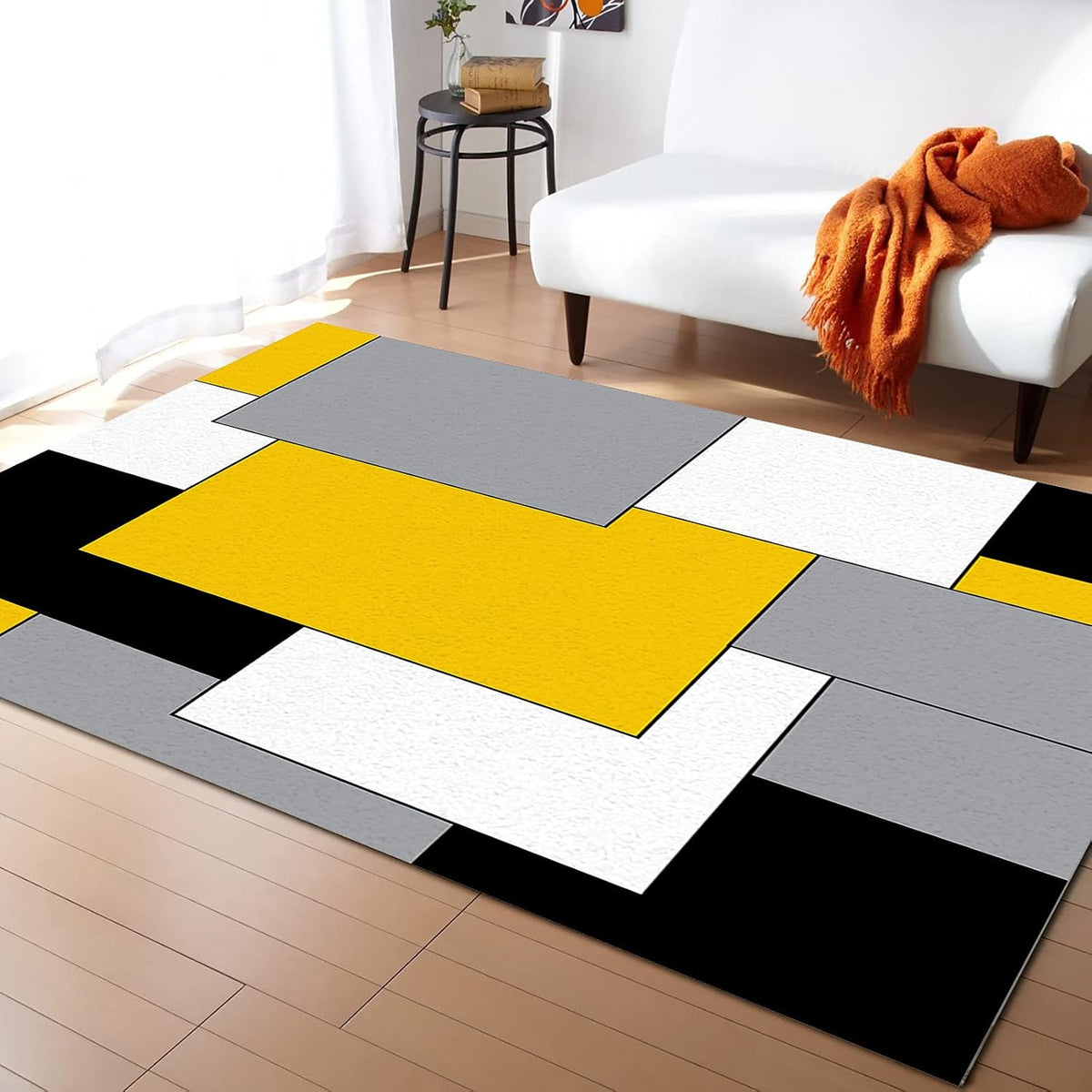 Yellow Black Geometric Area Rugs Indoor Non-Slip Rectangle Rug 2x3 ft, Abstract Color Block Yellow Black Gray Rug Rubber Backing Floor Mats Contemporary Home Decor Carpet for Entryway Living Room