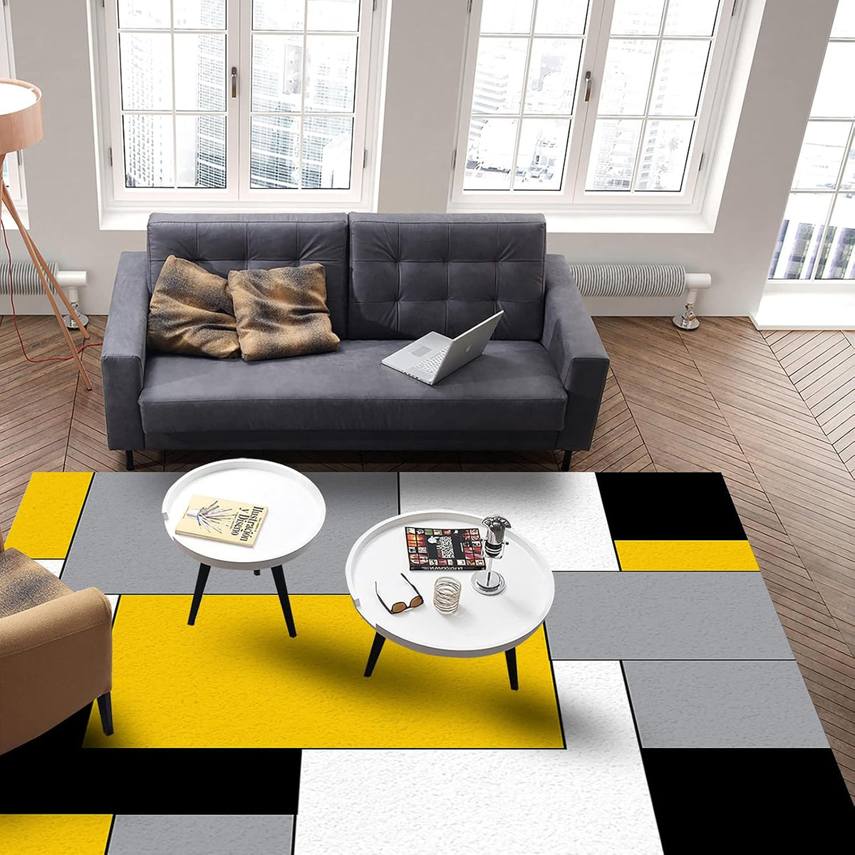Yellow Black Geometric Area Rugs Indoor Non-Slip Rectangle Rug 2x3 ft, Abstract Color Block Yellow Black Gray Rug Rubber Backing Floor Mats Contemporary Home Decor Carpet for Entryway Living Room