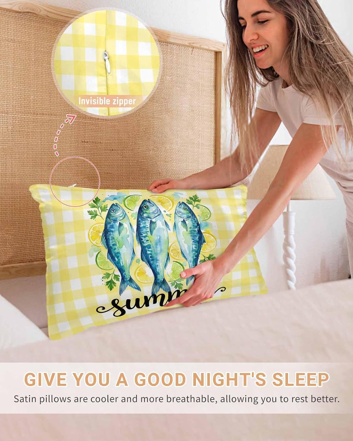 Summer Fish Standard Pillowcase Set of 2, Farmhouse Yellow Lemon Stripes Satin Pillow Case Cover with Smooth Hidden Zipper Closure, Soft Throw Pillow Covers Cases for Home Decoration 20 X 26 Inches