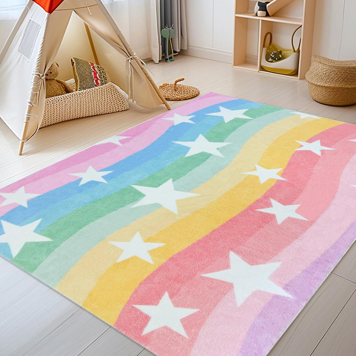 Kids Rug 3x5Ft Rainbow Stripes Stars Carpet for Boys Girls Bedroom