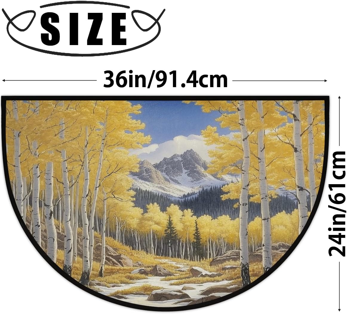 Yellow Forest Mountain Winter Half Round Door Mat 24x36 Inch Non Slip Half Circle Area Rug Washable Half Moon Bathroom Rugs Semi Circle Carpet for Indoor Outdoor Home Decor