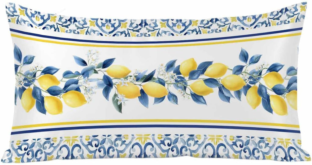Lemon Floral Satin Pillowcase for Hair and Skin, Moroccan Lemon Yellow Blue Stripes Floral Silky Pillow Cases Standard Size with Zipper 1 Pack Soft Cooling Pillow Cover for Women Men, 20''x40''