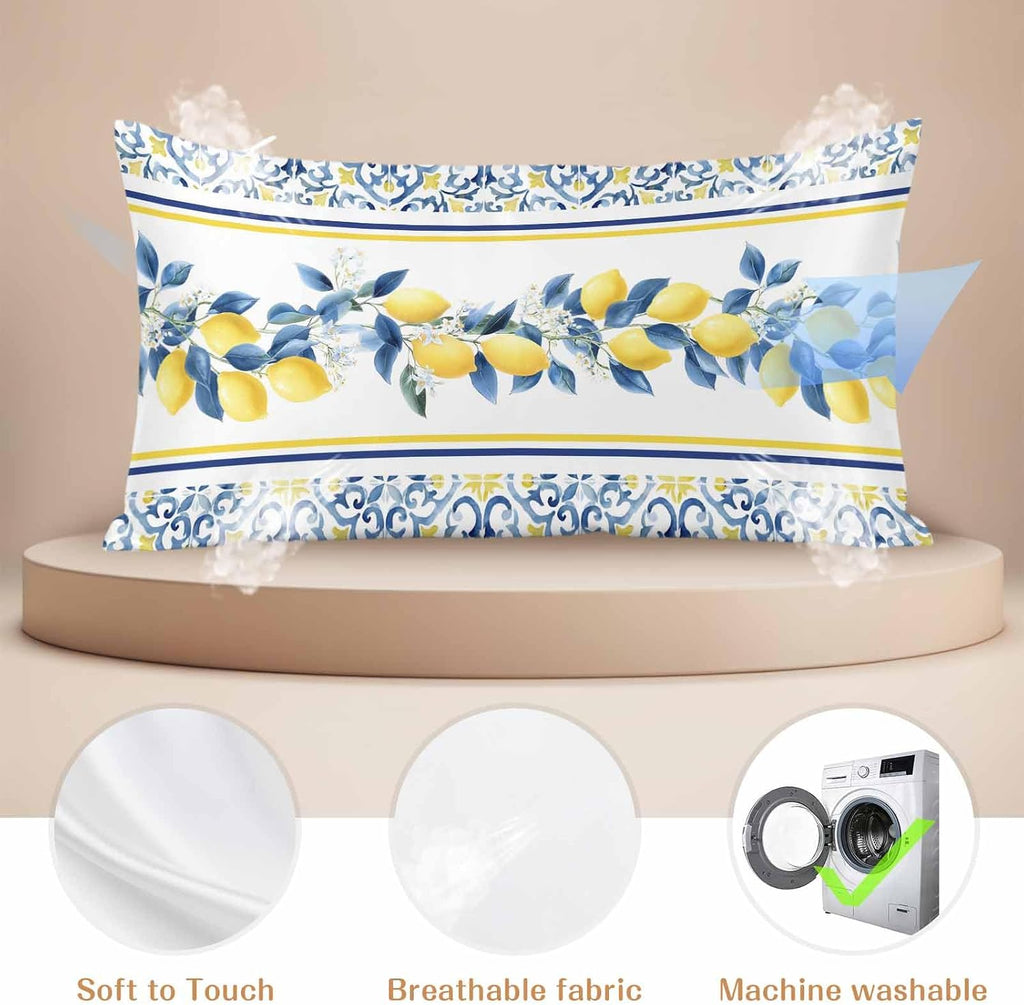 Lemon Floral Satin Pillowcase for Hair and Skin, Moroccan Lemon Yellow Blue Stripes Floral Silky Pillow Cases Standard Size with Zipper 1 Pack Soft Cooling Pillow Cover for Women Men, 20''x40''