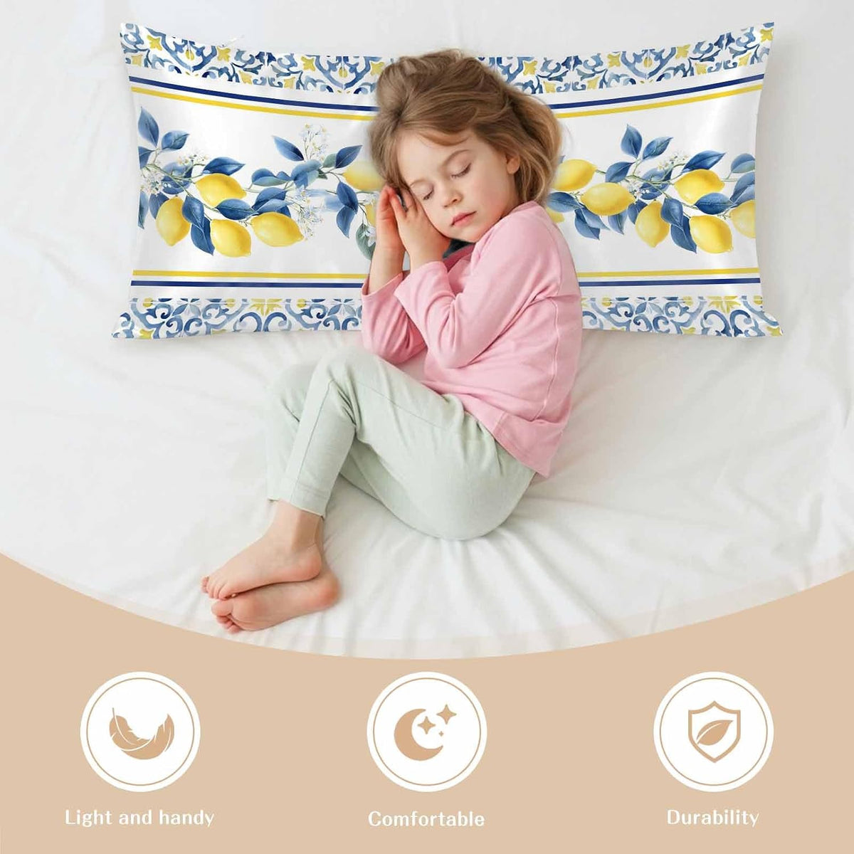 Lemon Floral Satin Pillowcase for Hair and Skin, Moroccan Lemon Yellow Blue Stripes Floral Silky Pillow Cases Standard Size with Zipper 1 Pack Soft Cooling Pillow Cover for Women Men, 20''x40''