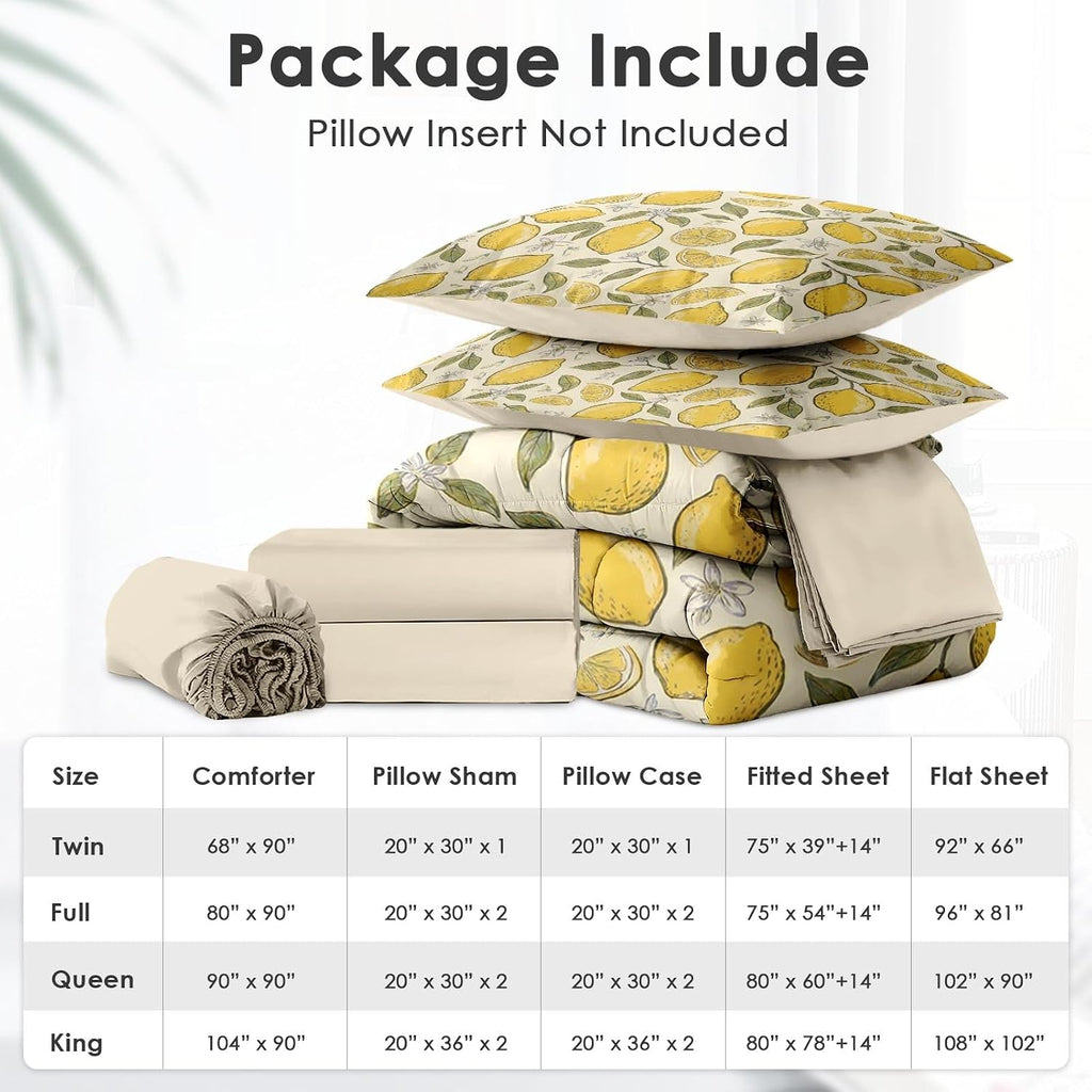 Full Comforter Set with Sheets, 7 Pieces Lemon Citrus Bedding