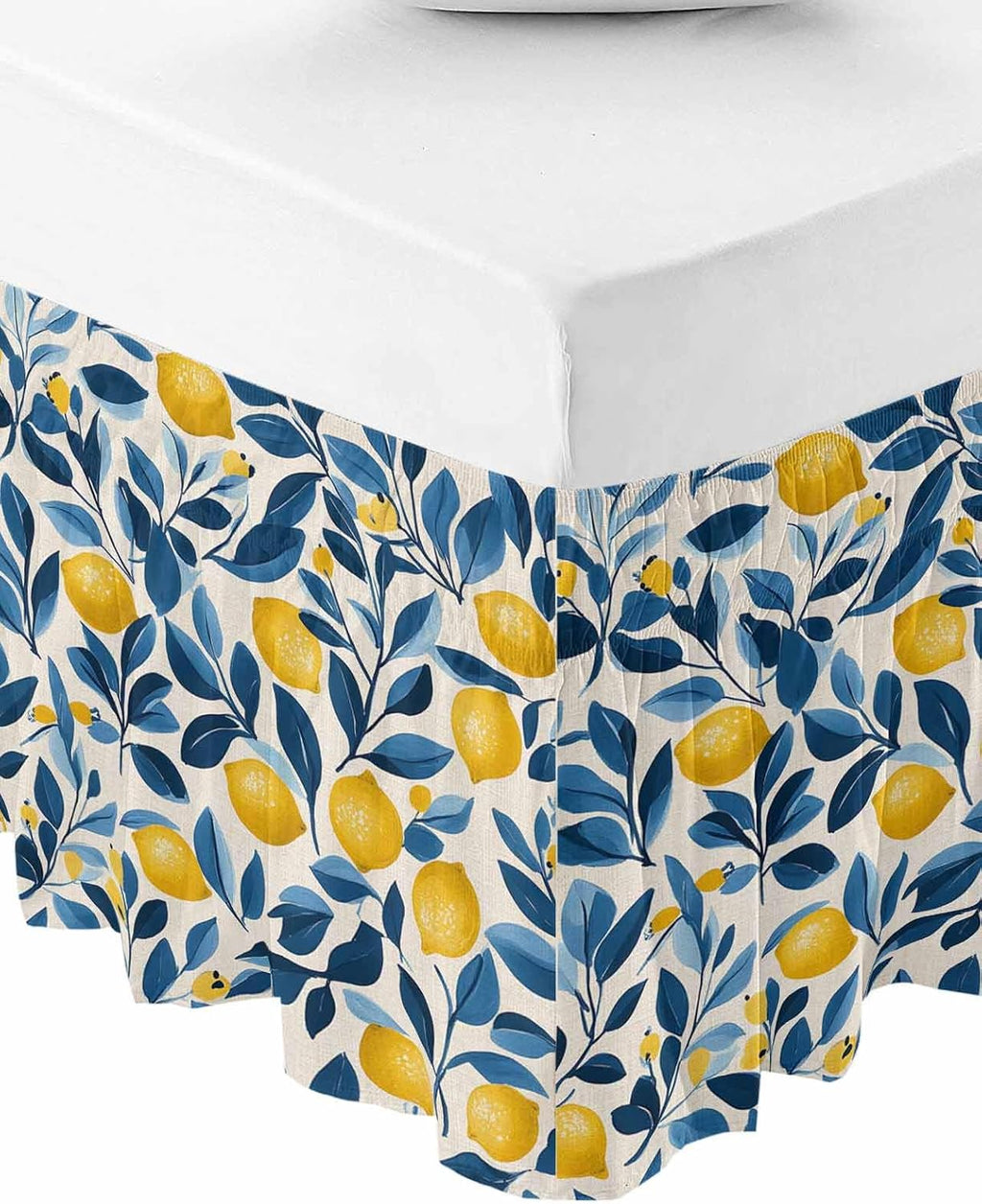 Lemon Bed Skirt Queen Size 16 Inch Drop, Adjustable Elastic Wrap Around Bed Skirts Easy Fitting Dust Ruffle Bedskirt Bed Frame Cover Watercolor Yellow Blue Fruit Branch Flower