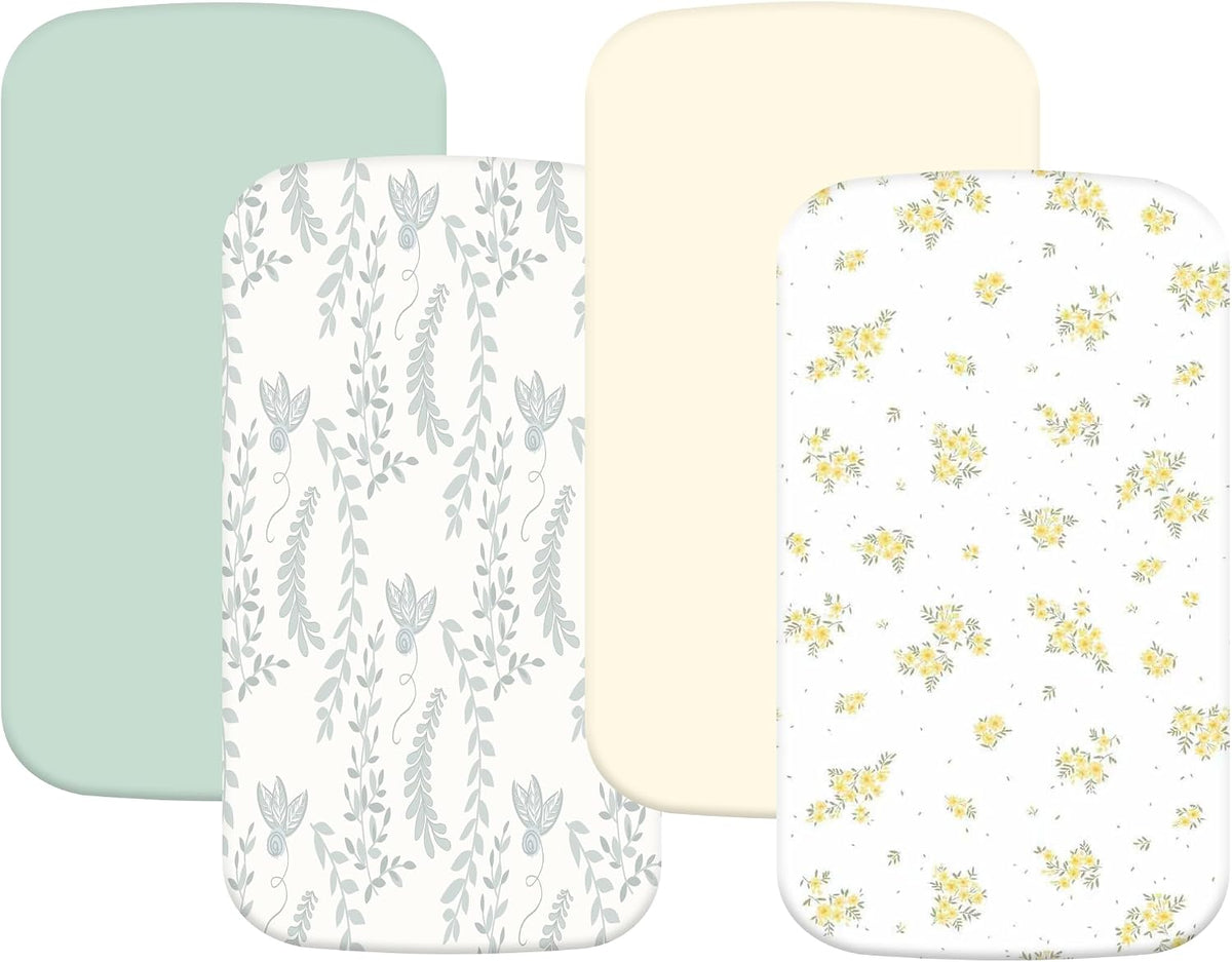 4 Pack Stretchy Bassinet Sheets 20" x 35" Compatible with Newton, Ezebaby, Angelbliss, AMKE(3 in 1) & Other Large Bedside Sleeper - Soft Breathable Fitted Bassinet Sheets - Light Floral Yellow