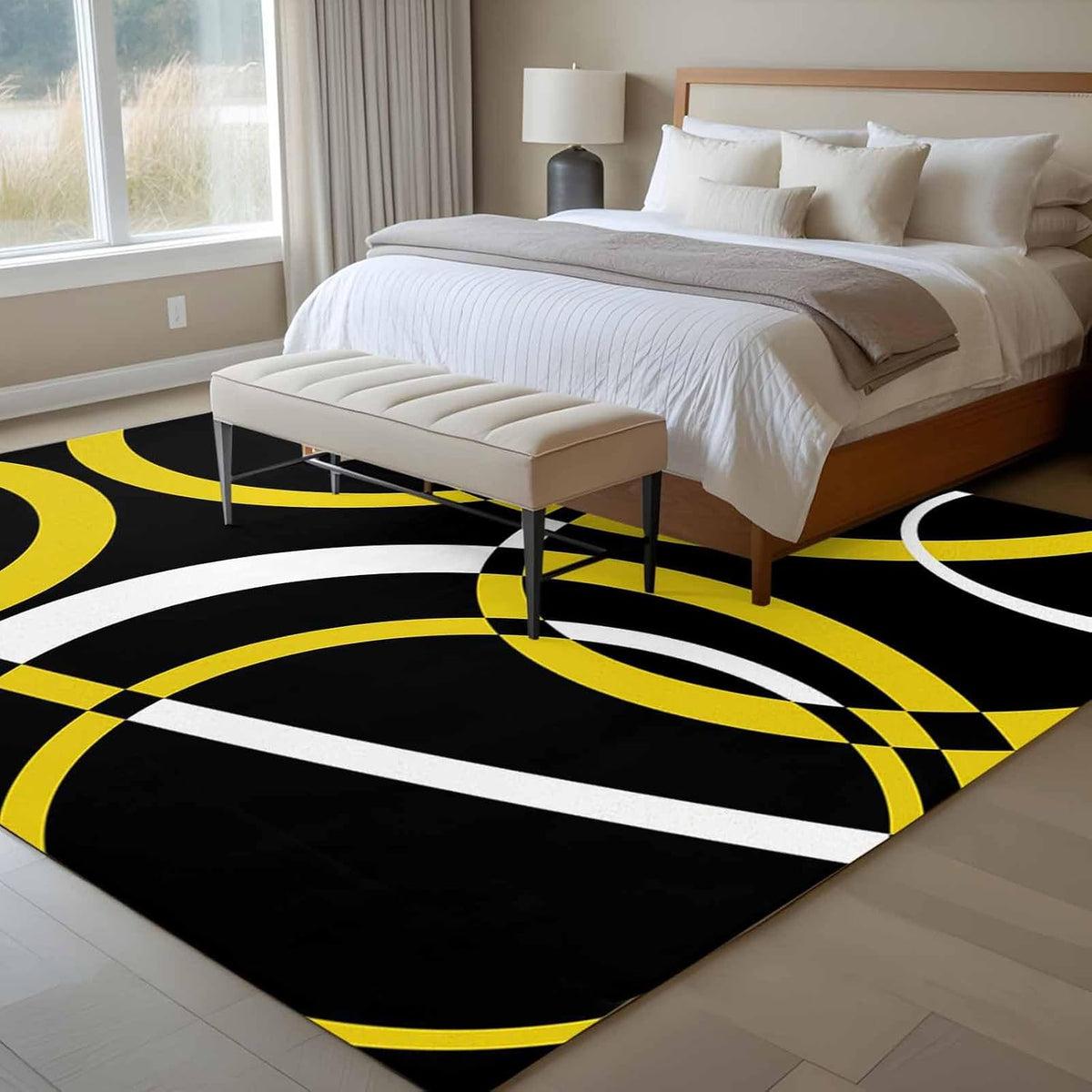 Modern Abstract Art 5x7 Area Rug for Living Room Bedroom, Yellow White Geometric Circle Washable Rugs Absorbent Non-Slip Indoor Carpet for Dining Room Home Office Decor