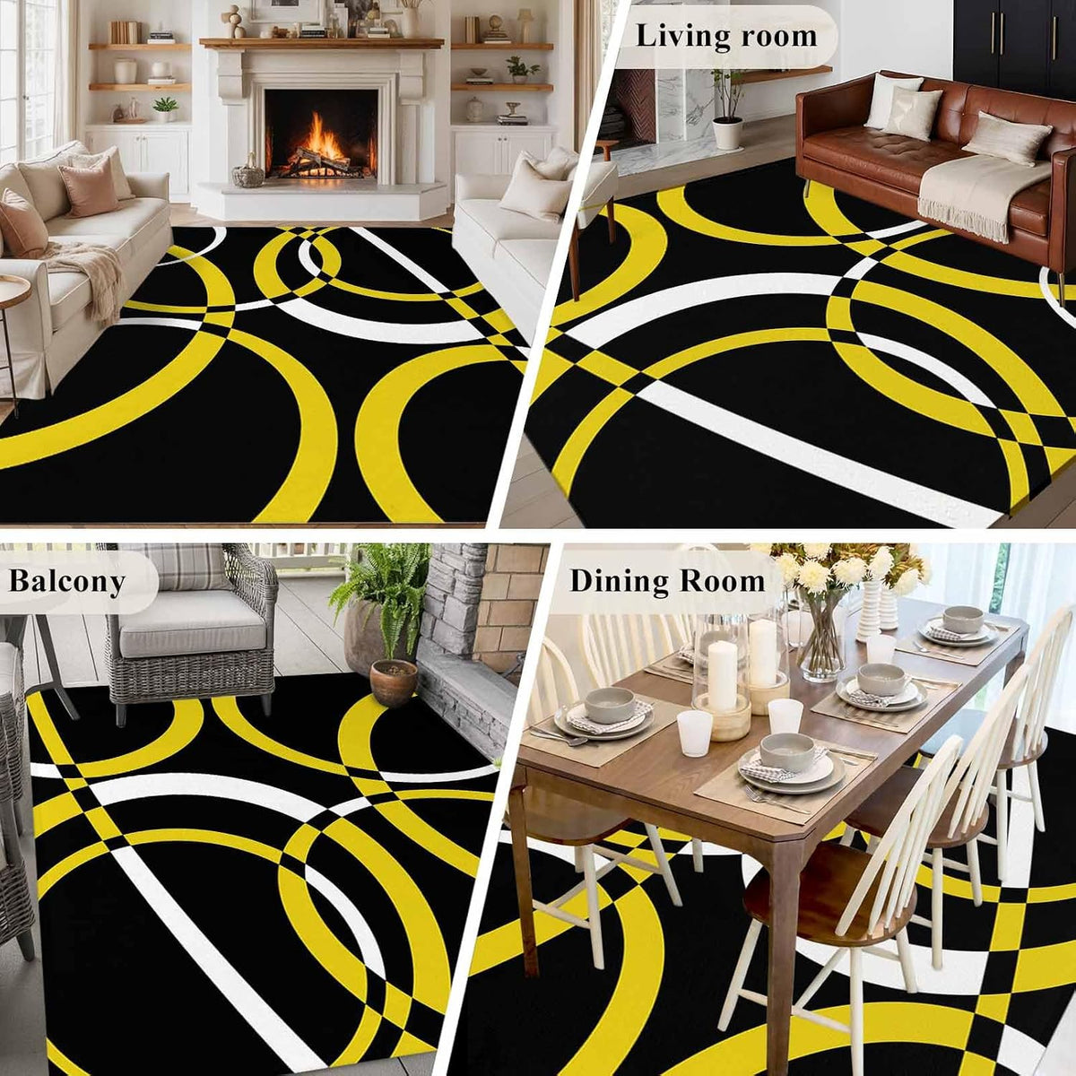 Modern Abstract Art 5x7 Area Rug for Living Room Bedroom, Yellow White Geometric Circle Washable Rugs Absorbent Non-Slip Indoor Carpet for Dining Room Home Office Decor