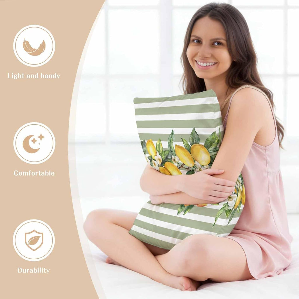 Retro Yellow Lemon Standard Pillowcase Set of 2, Sage Green Stripe Satin Pillow Case Cover with Smooth Hidden Zipper Closure, Soft Throw Pillow Covers Cases for Home Decoration 20 X 26 Inches