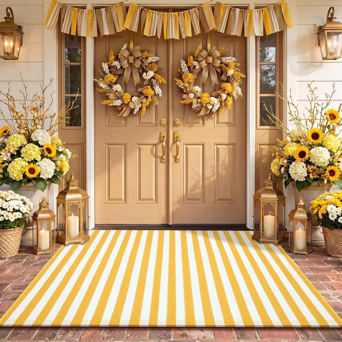 3' X 5' Yellow and White Fall Vertical Stripe Outdoor Rug