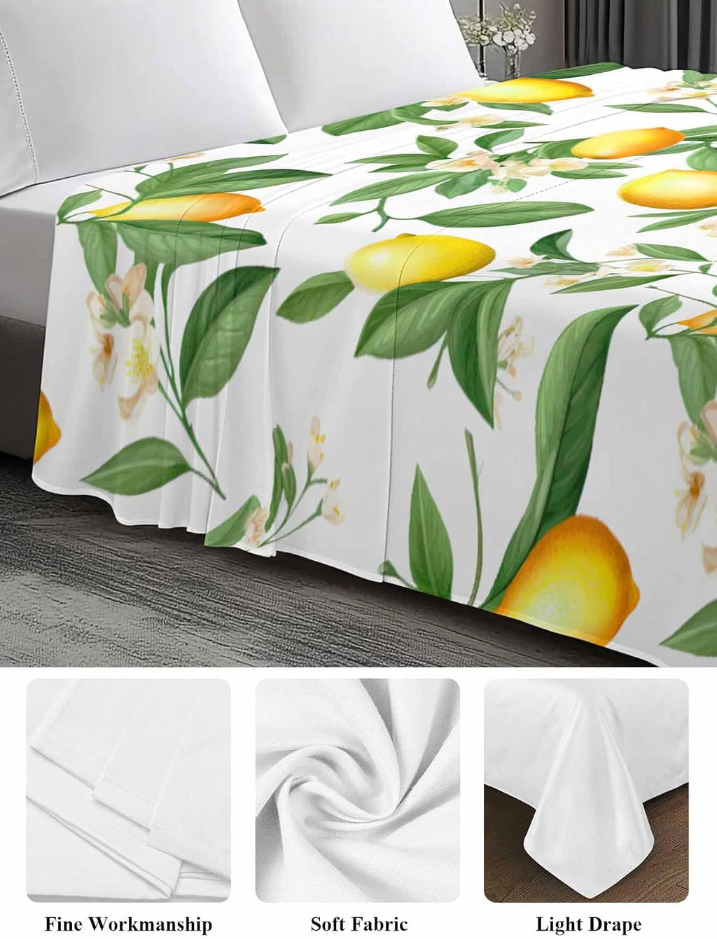 Flat Sheet, 1 Piece Top Sheet Twin Size Yellow Lemon Leaves Soft Breathable Bed Sheet White Floral Brushed Microfiber Bed Sheet, Wrinkle Resistant, Fade Resistant Bedding