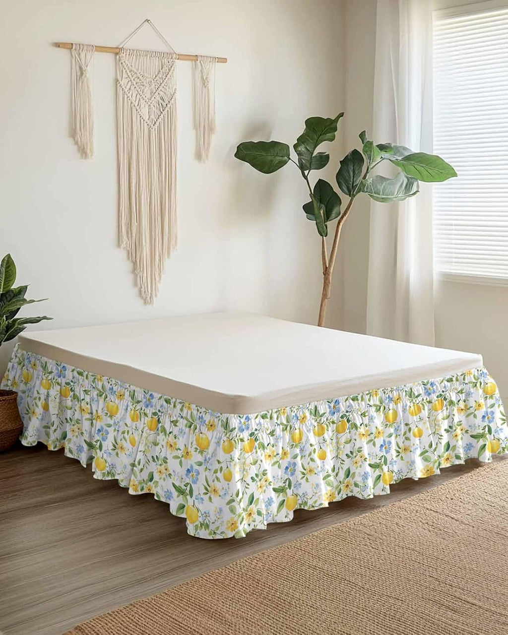 Bed Skirt Lemon Yellow Flowers Ruffle Bed Skirt Wrap Around Bed Skirts for Queen Beds 16" Drop,Adjustable Elastic Dust Ruffles Easy Fit and Wrinkle-Free