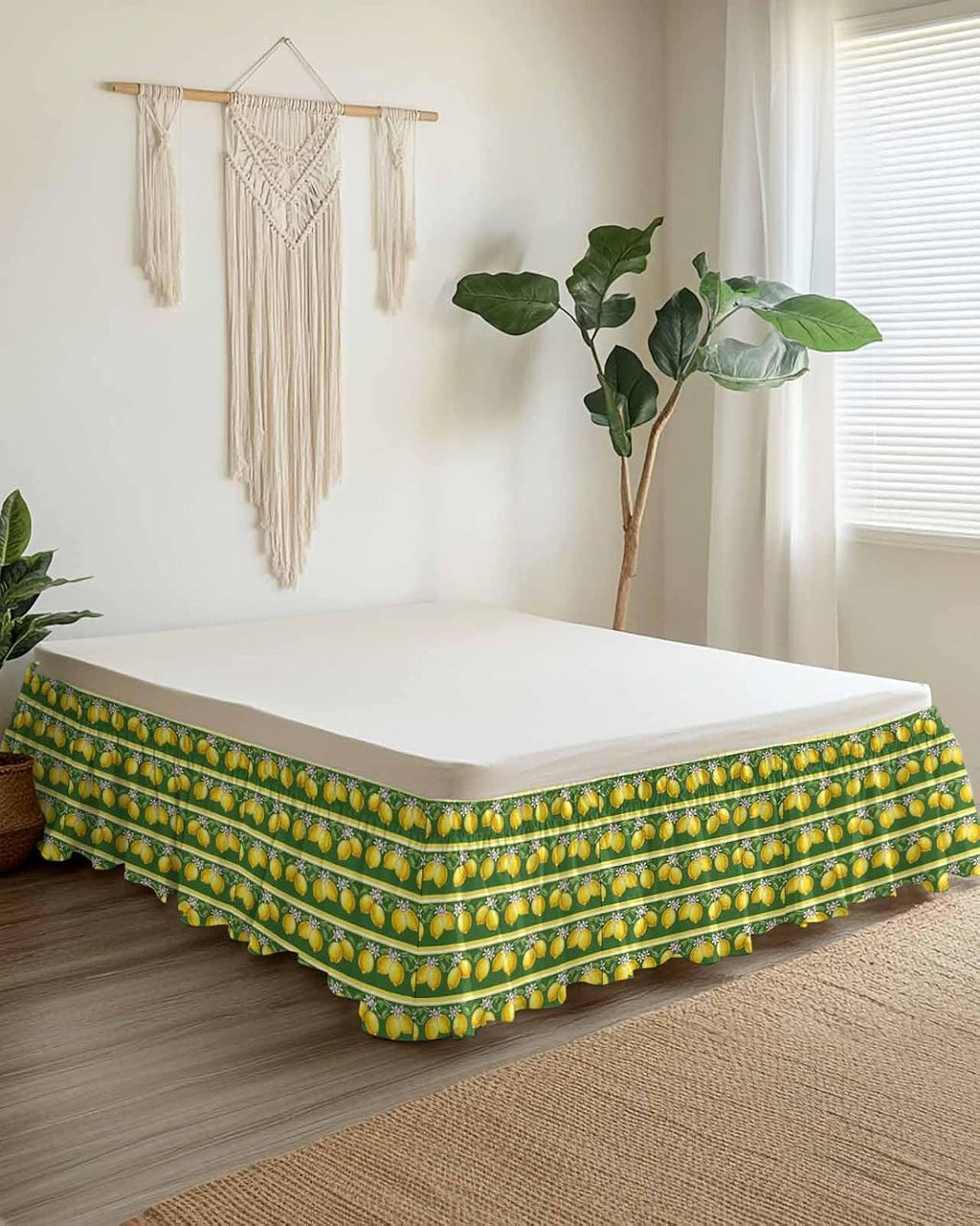 Summer Lemons Bed Skirt Queen Size 16" Drop Yellow Fruit Leaf Striped Green Background Ruffled Wrap Around Bed Skirts Adjustable Elastic Bedskirt Dust Ruffle for Queen King California King Bed