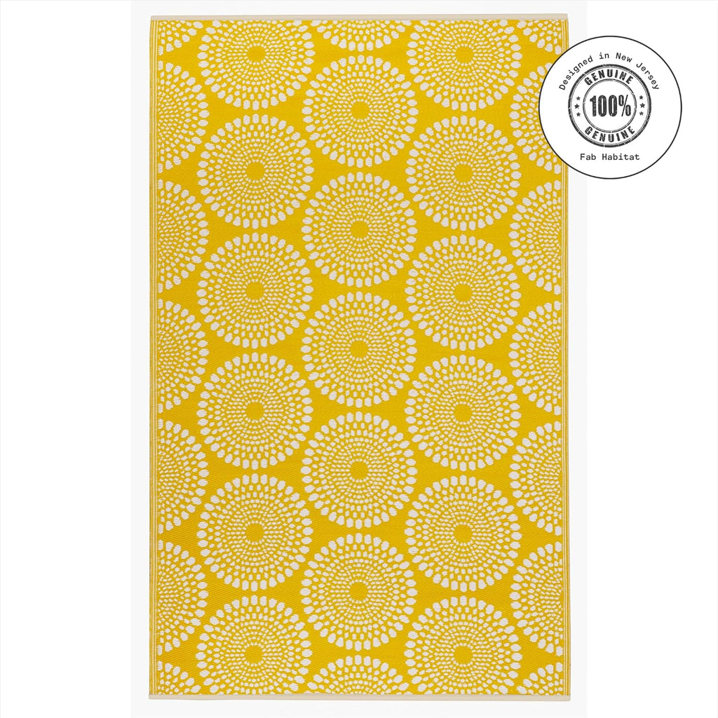 Outdoor Rug - Waterproof, Fade Resistant, Crease-Free - Premium Recycled Plastic - Floral Medallion - Porch, Deck, Balcony, Mudroom, Laundry Room, Patio - Rio - Yellow - 3 x 5 ft