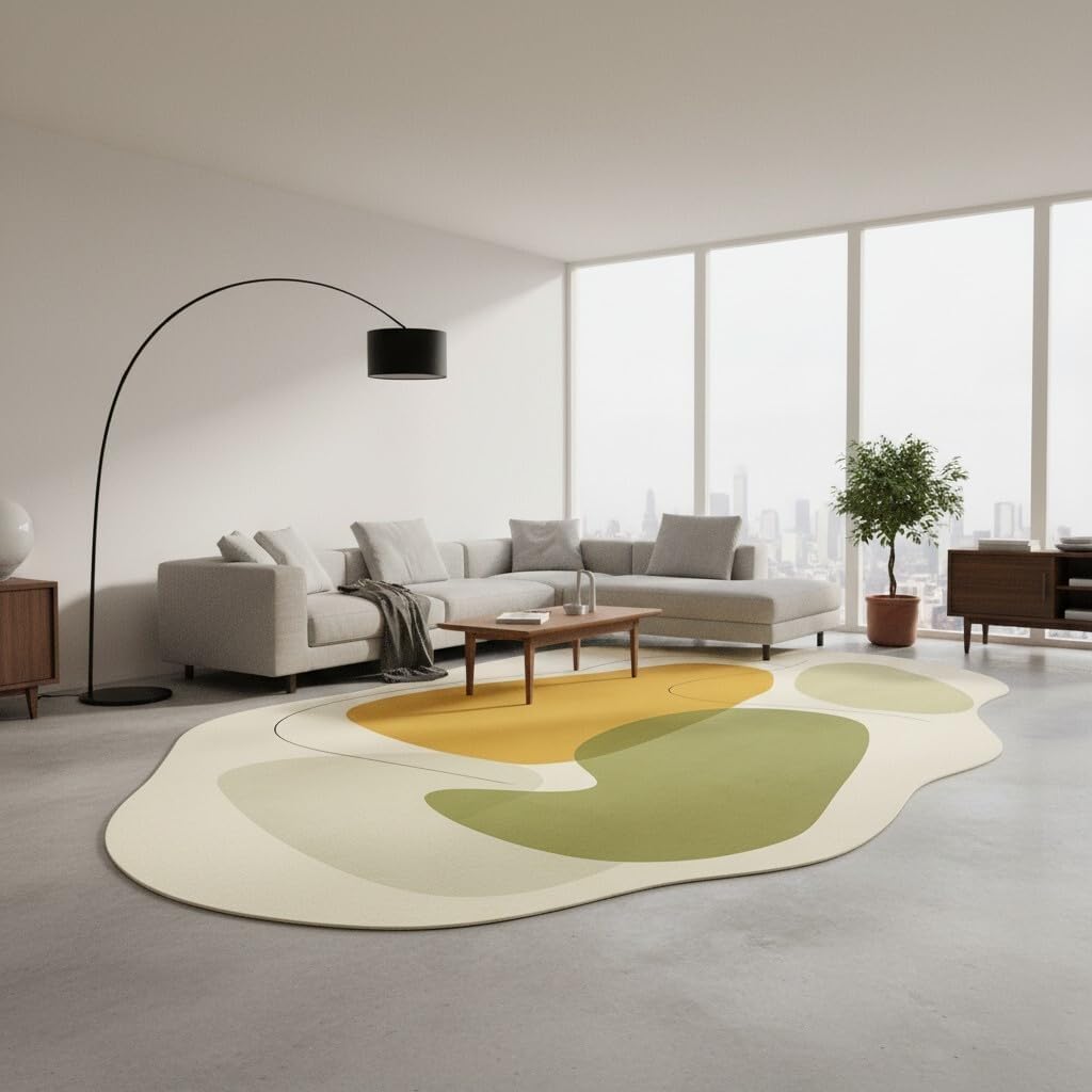 Modern Abstract Boho Minimalist Irregular Shaped Rug 5x7 Yellow Beige Green Rugs for Living Room Bedroom Playroom Guestroom Classroom Rug Classic Art Design Skin Friendly Washable Area Rugs