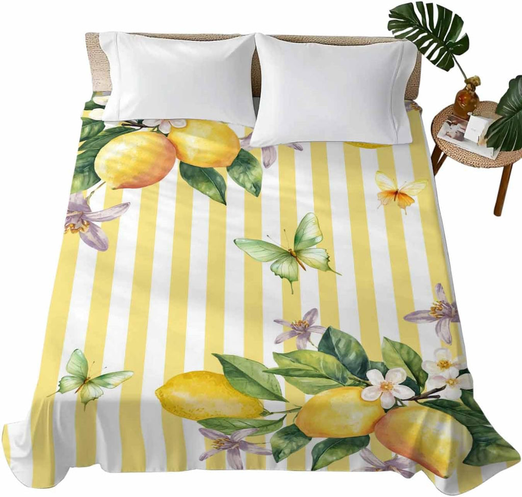 Twin Flat Sheet Only Bed Sheets Lemon Fruits Floral Leaves Microfiber Breathable Bedding Flat Sheet, Yellow Stripes Soft Top Sheets for Bedroom Living Room Sofa