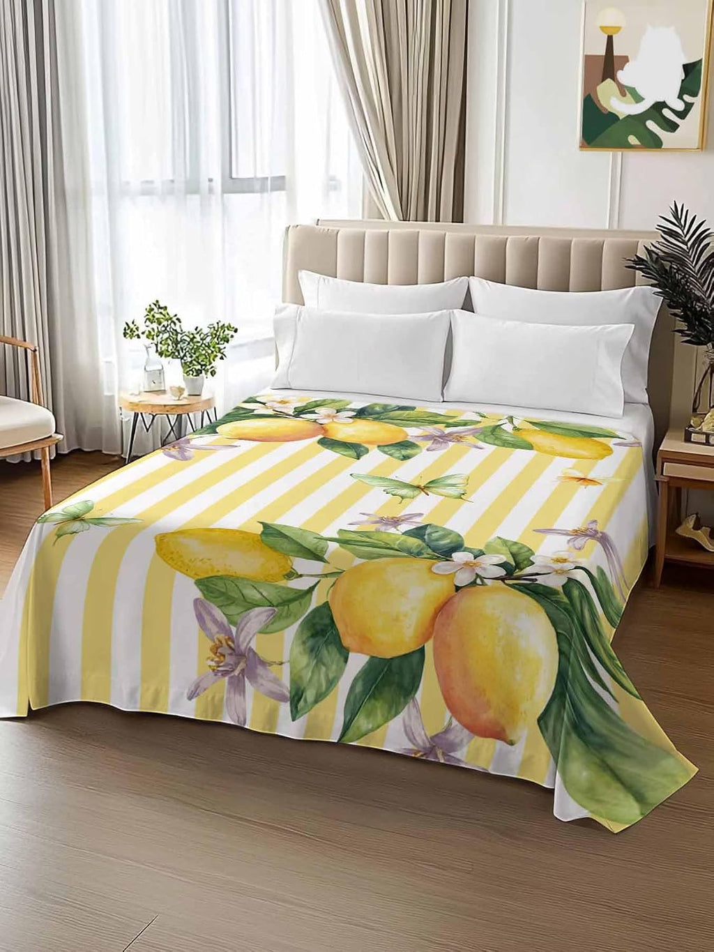Twin Flat Sheet Only Bed Sheets Lemon Fruits Floral Leaves Microfiber Breathable Bedding Flat Sheet, Yellow Stripes Soft Top Sheets for Bedroom Living Room Sofa