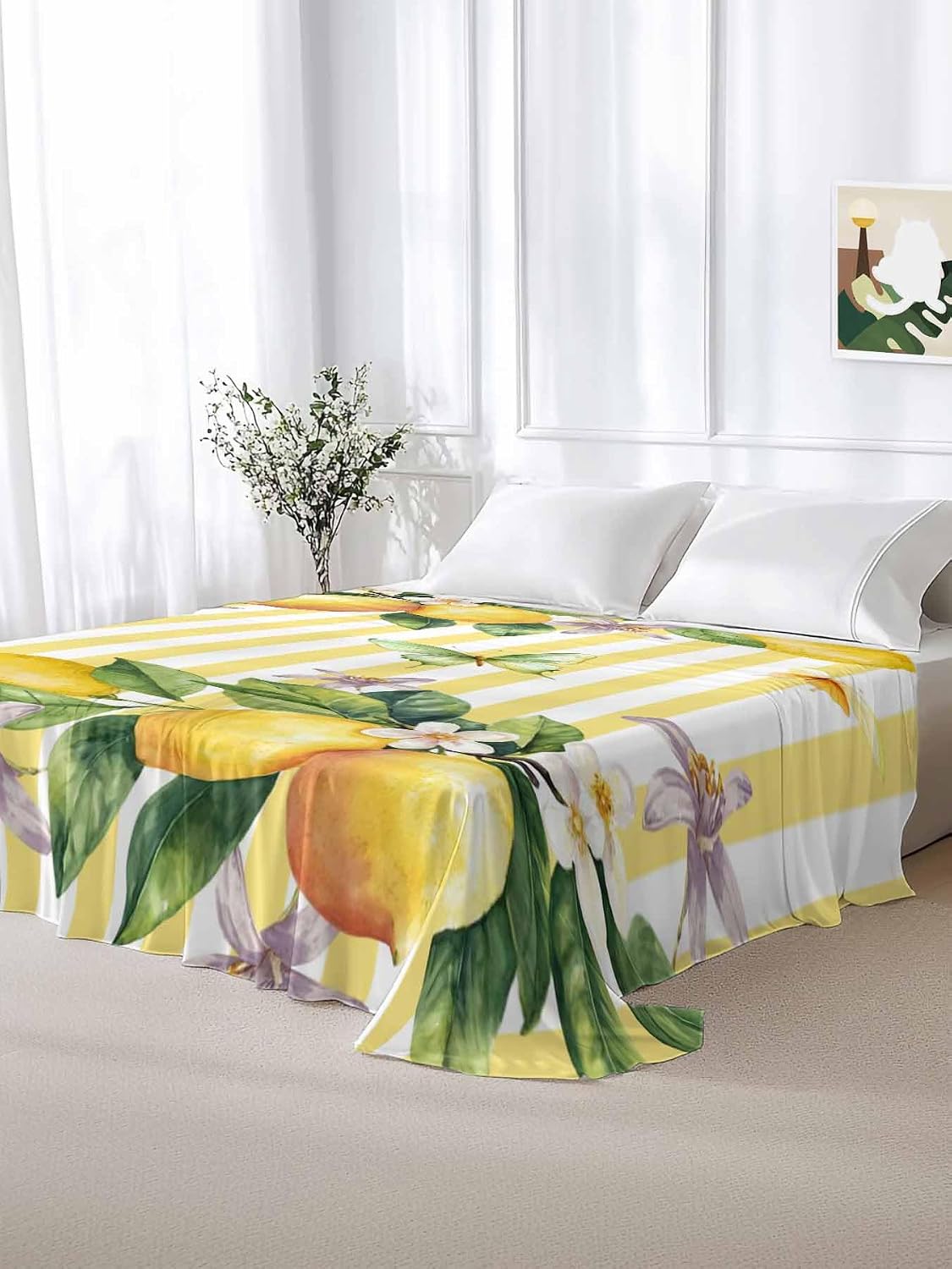 Twin Flat Sheet Only Bed Sheets Lemon Fruits Floral Leaves Microfiber Breathable Bedding Flat Sheet, Yellow Stripes Soft Top Sheets for Bedroom Living Room Sofa