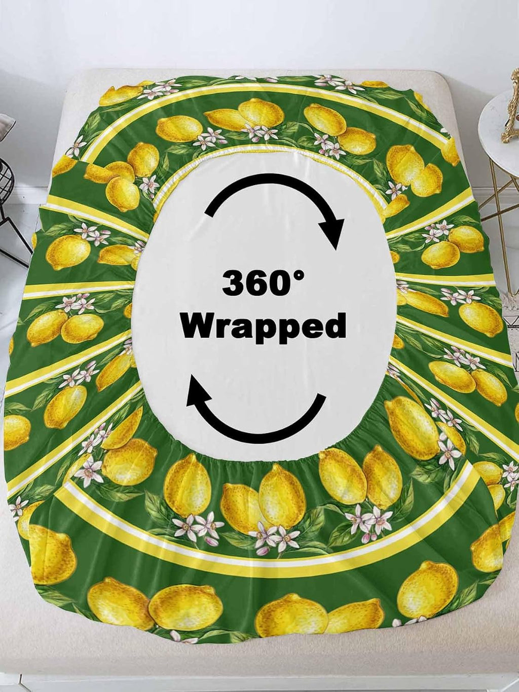 3 Pieces Twin Fitted Sheet Set, Summer Lemons Green Leaves Deep Pocket Up to 16", Yellow Striped Soft Elastic Bed Sheets and Pillow Cases Secure Fit