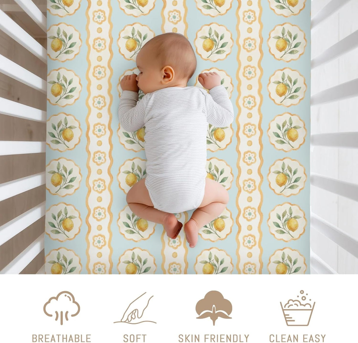Vintage Yellow Lemon Baby Crib Sheets for Boys Girls Pastel Lemons Flowers Leaves Soft Snug Fitted Crib Mattress Covers for 52''x28'' Standard Crib & Toddler Mattress Summer Fruits Floral Bed Sheets