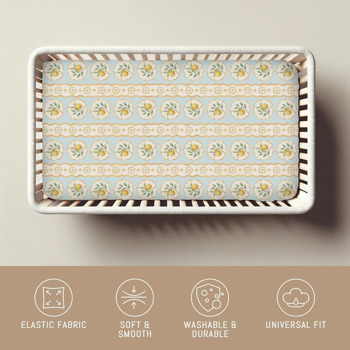 Vintage Yellow Lemon Baby Crib Sheets for Boys Girls Pastel Lemons Flowers Leaves Soft Snug Fitted Crib Mattress Covers for 52''x28'' Standard Crib & Toddler Mattress Summer Fruits Floral Bed Sheets