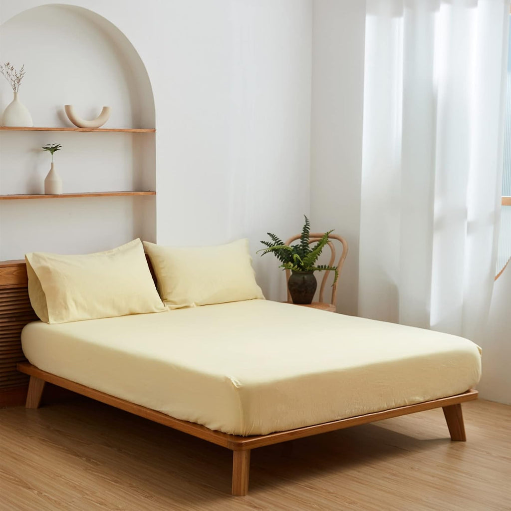 Belgian Linen Sheet Set Solid Color - 4 Pieces (1 Flat Sheet, 1 Fitted Sheet & 2 Pillowcases) Natural Flax Cotton Blend Soft Breathable Farmhouse Bedding - King Size, Pale Yellow
