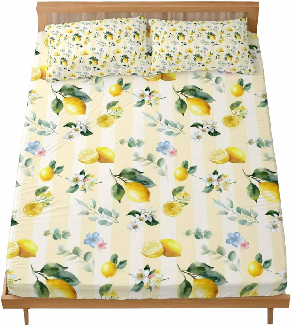 3 Pieces Twin Fitted Sheet Set, Summer Lemon Leaves Flower Deep Pocket Up to 16", Watercolor Yellow Stripes Soft Elastic Bed Sheets and Pillow Cases Secure Fit