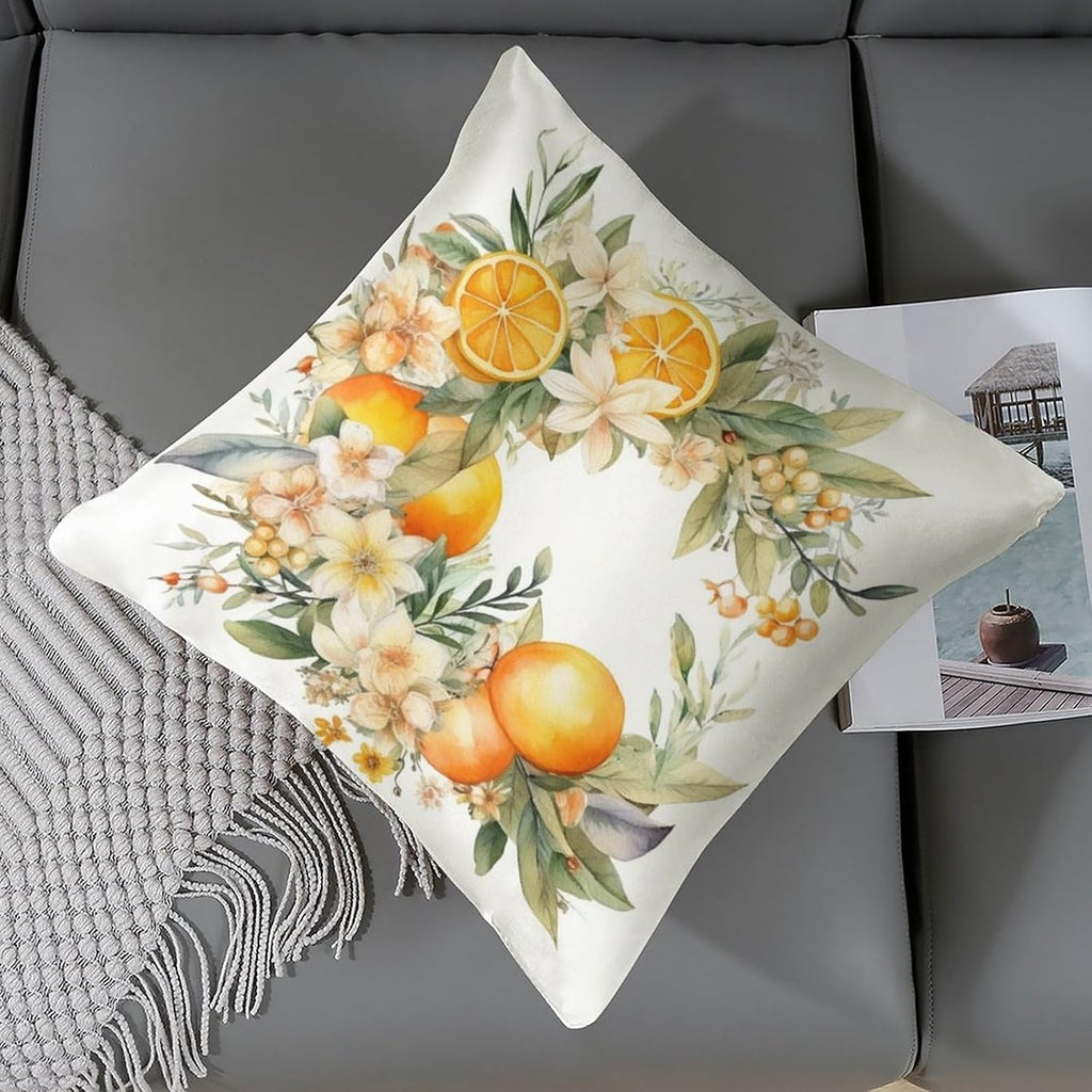 Satin Throw Pillow Covers Lemon Daisies Wreath Decorative Pillowcase Yellow Sweet Lemon Outdoor Pillow Cover Zippered for Farmhouse Decor Room Bedroom Sofa Chair Car 16"x16"