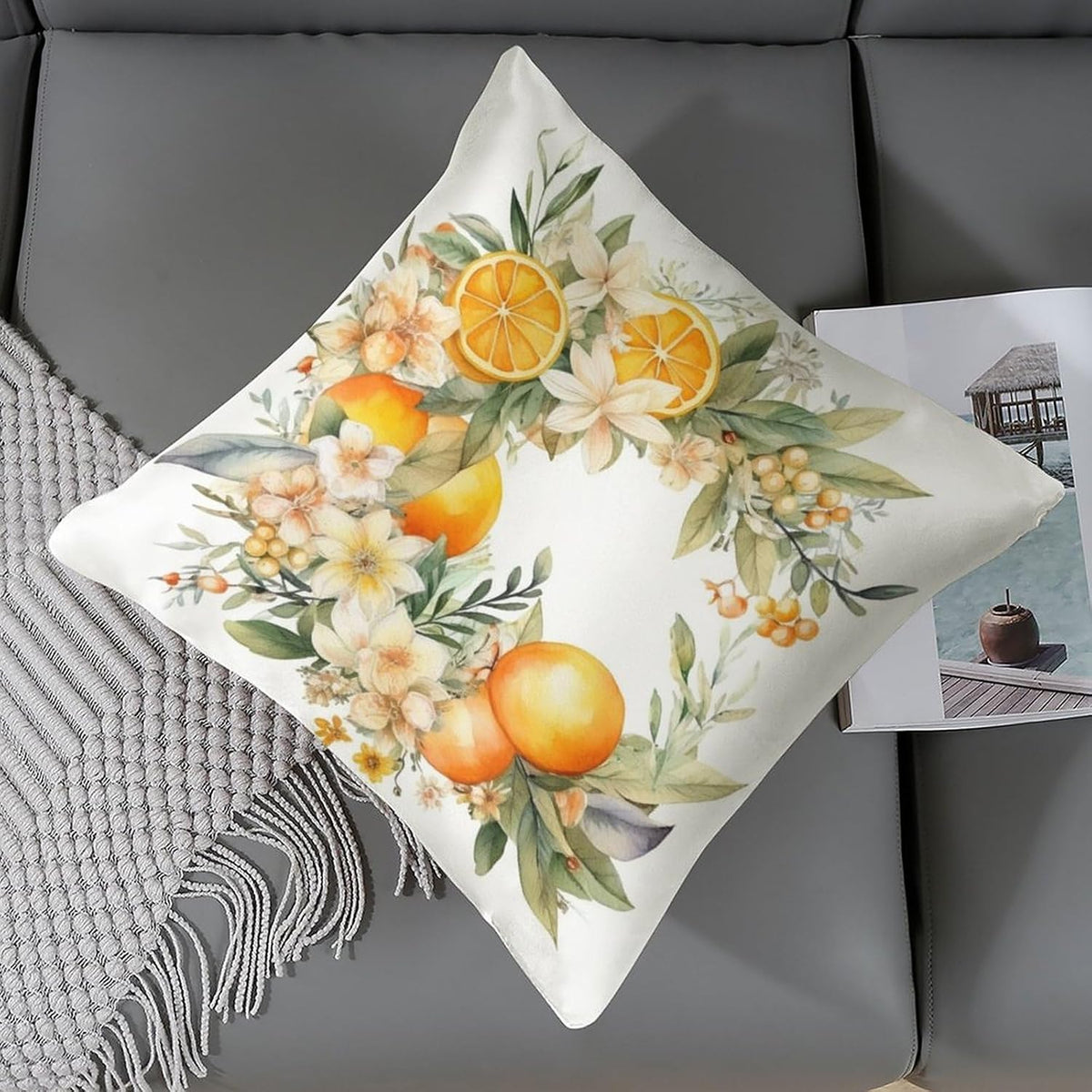 Satin Throw Pillow Covers Lemon Daisies Wreath Decorative Pillowcase Yellow Sweet Lemon Outdoor Pillow Cover Zippered for Farmhouse Decor Room Bedroom Sofa Chair Car 16"x16"
