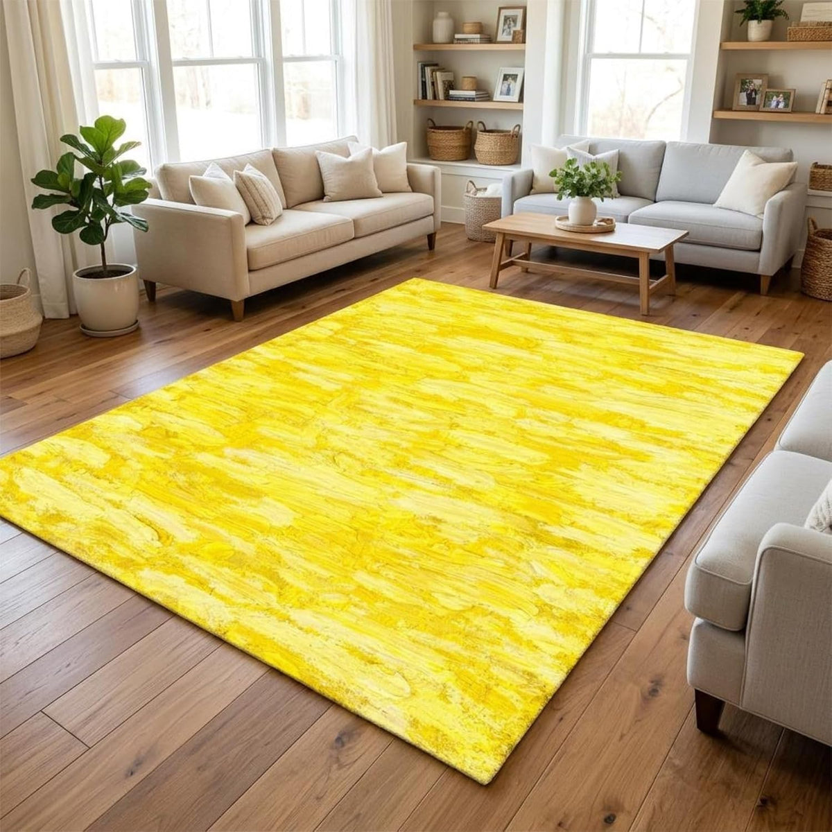 Minimalist Abstract Oil Painting Texture Livingroom Rugs 6x9 Modern Bright Yellow Art Deco Aesthetic Area Rug for Bedroom Dining Room Soft Washable Non Skid Big Carpet Thin Entryway Floor Mats