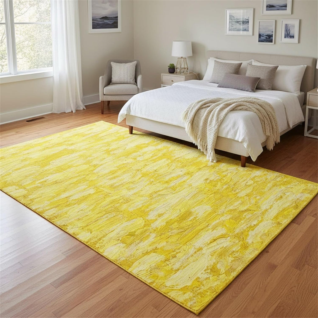 Minimalist Abstract Oil Painting Texture Livingroom Rugs 6x9 Modern Bright Yellow Art Deco Aesthetic Area Rug for Bedroom Dining Room Soft Washable Non Skid Big Carpet Thin Entryway Floor Mats