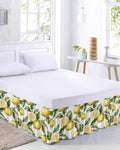 Yellow Lemon Bed Skirt Queen Size 16 Inch Drop, Adjustable Elastic Wrap Around Bed Skirts Easy Fitting Dust Ruffle Bedskirt Bed Frame Cover Watercolor Leaf Floral Green White Modern