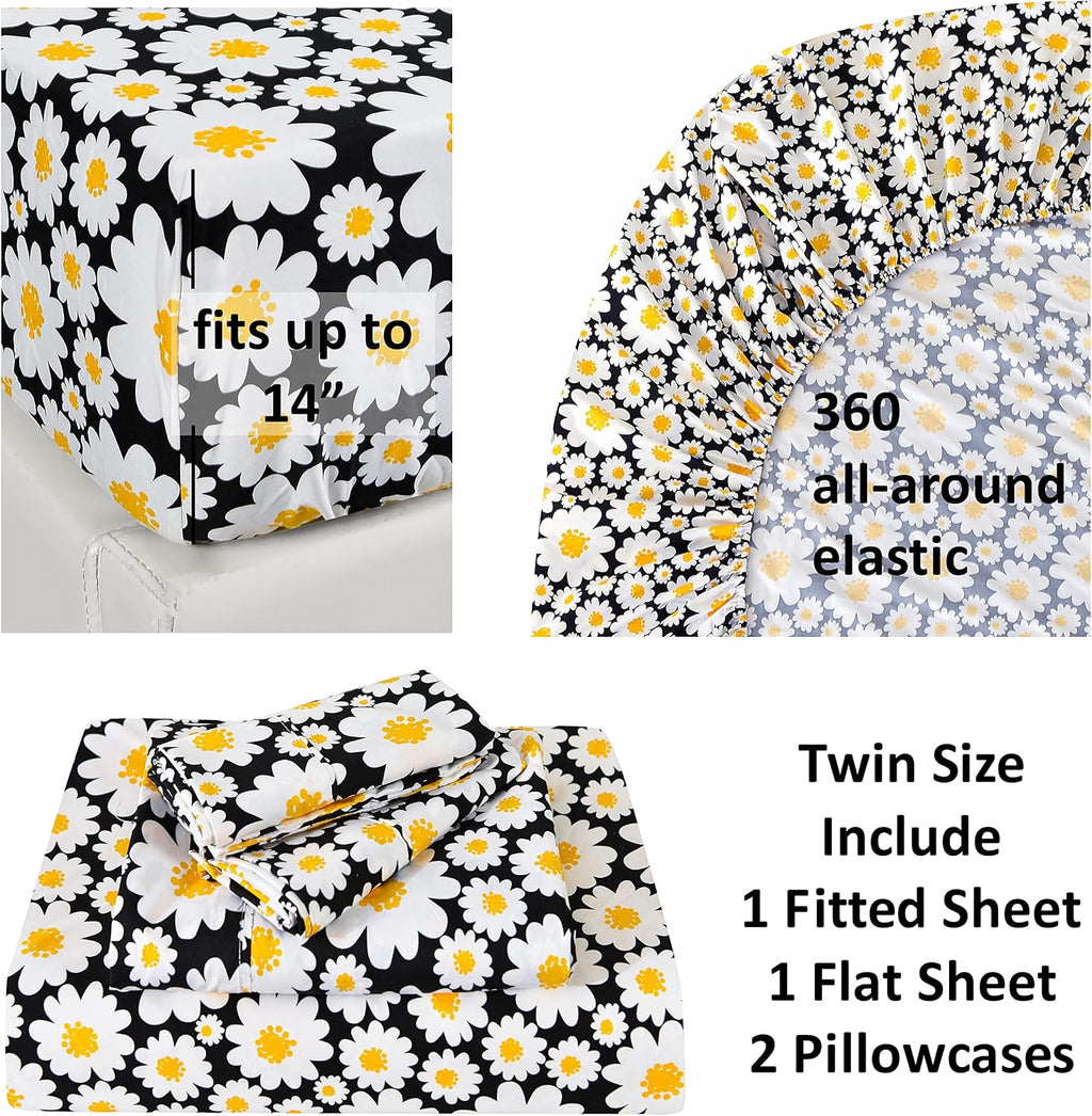 Ultra-Soft Microfiber Sheet Set - Double Brushed - Wrinkle and Stain Resistance - Fit 14 inches Deep Pocket - 4 Pieces Set (Twin, Yellow Daisies)