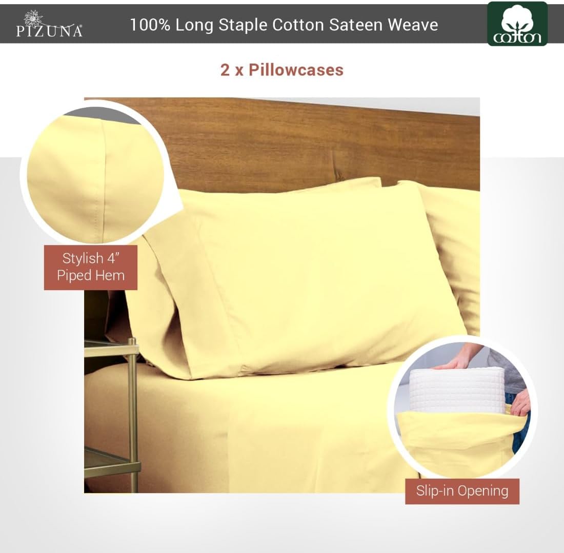 100% Cotton Queen Size Pillowcases 400 Thread Count Mellow Yellow
