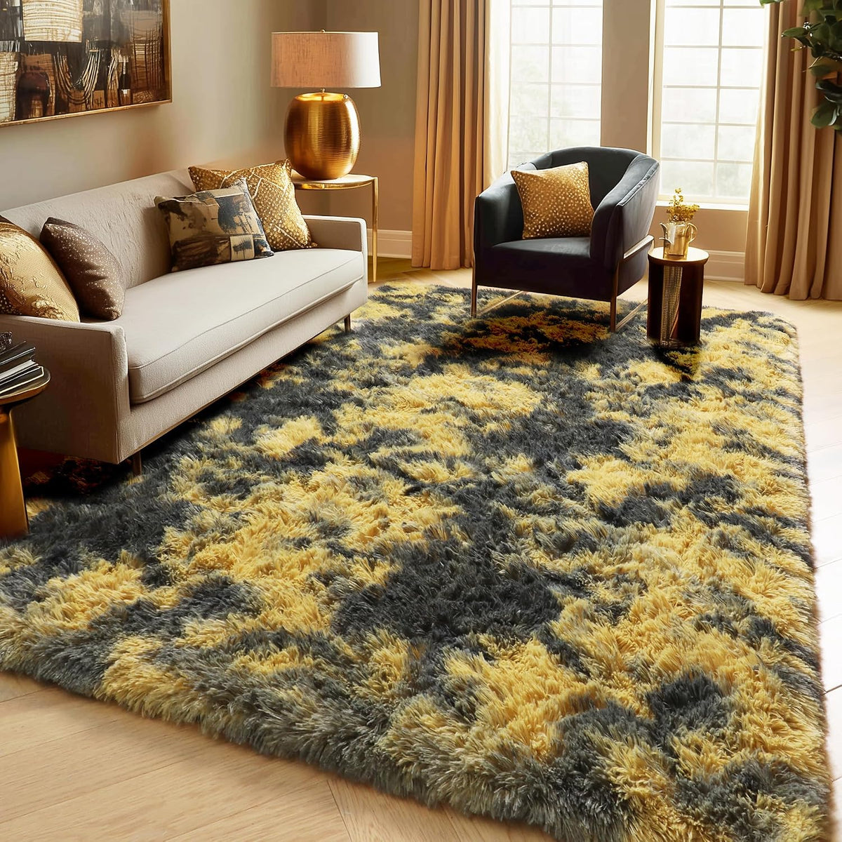 Black and Yellow Bedroom Rugs 4x6 Ft, Fluffy Modern Living Room Area Rug