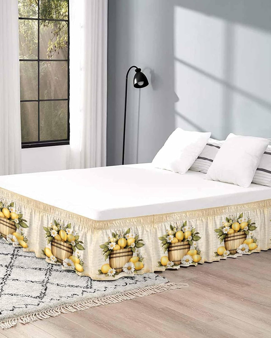 Vintage Lemon Bed Skirt Queen Size 16 Inch Drop, Adjustable Elastic Wrap Around Bed Skirts Easy Fitting Dust Ruffle Bedskirt Bed Frame Cover Yellow Fruit Blossoming Botanical Flower